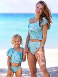 Mommy and Me Seaside Breeze Aqua Ruffle One-Shoulder Tankini Swimsuit