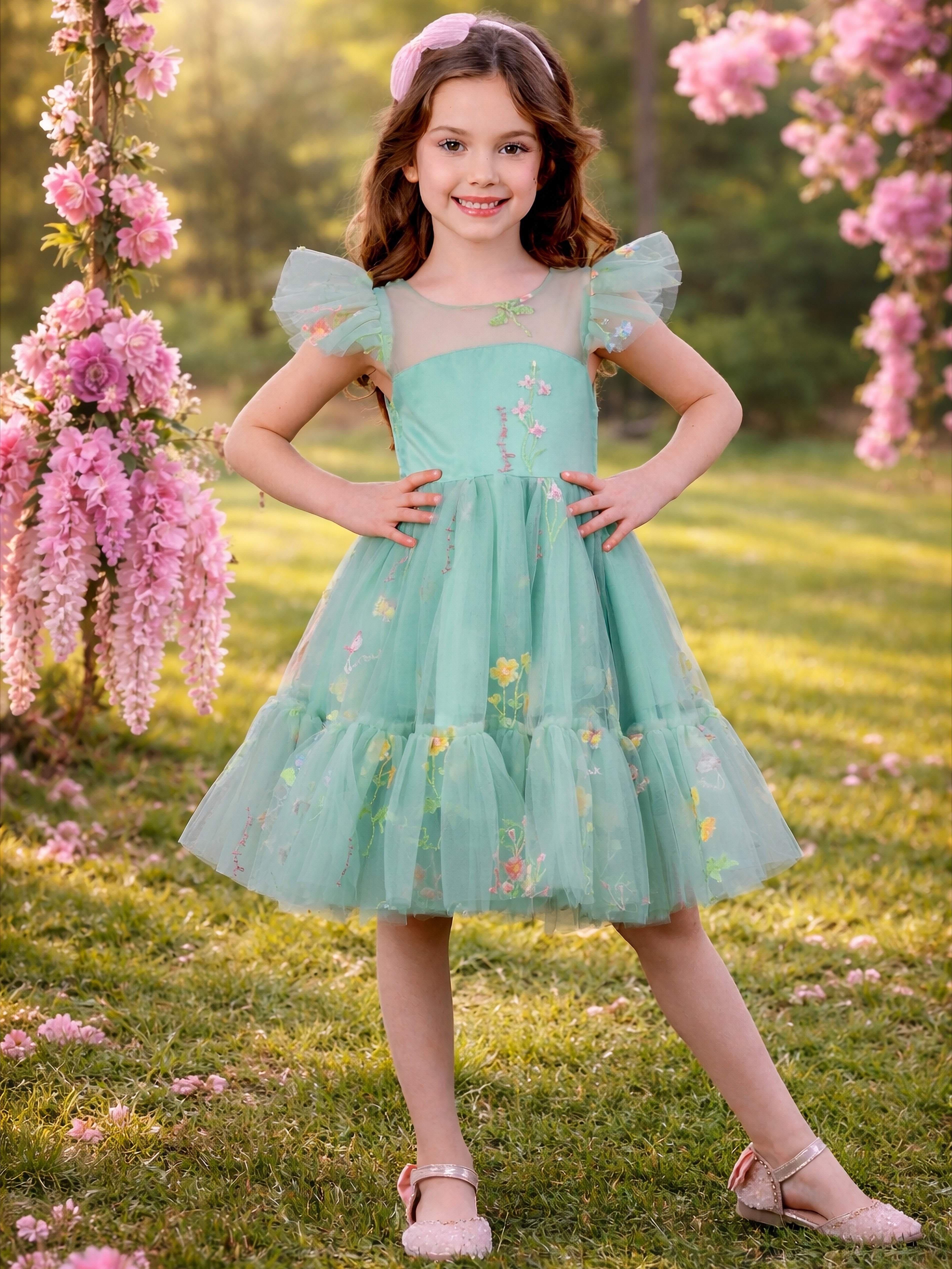 Emerald Fairy Garden Embroidered Floral Tutu Dress
