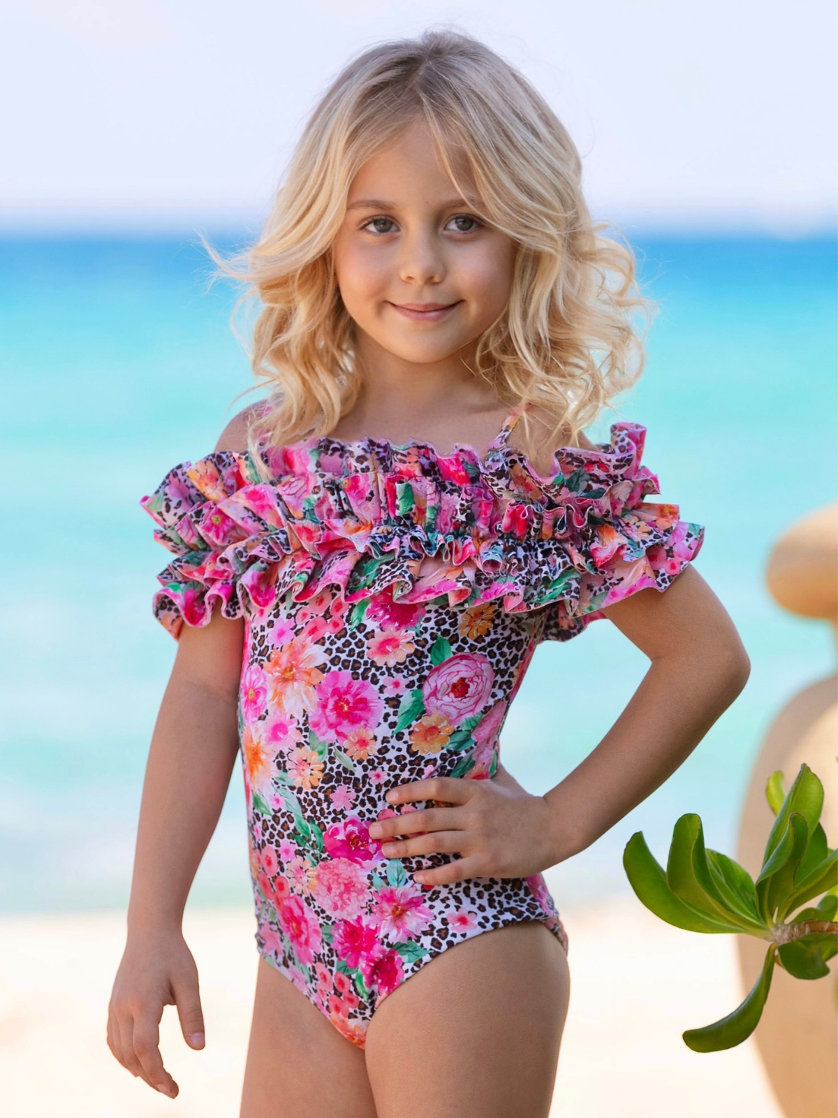 Mommy and Me Leopard Ruffle Shoulder One Piece Swimsuit