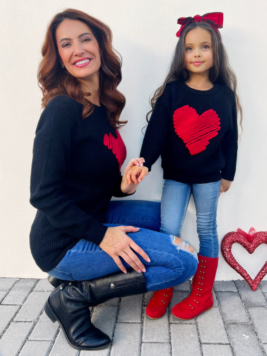 Mommy and Me Love Note Embroidered Red Heart Sweater