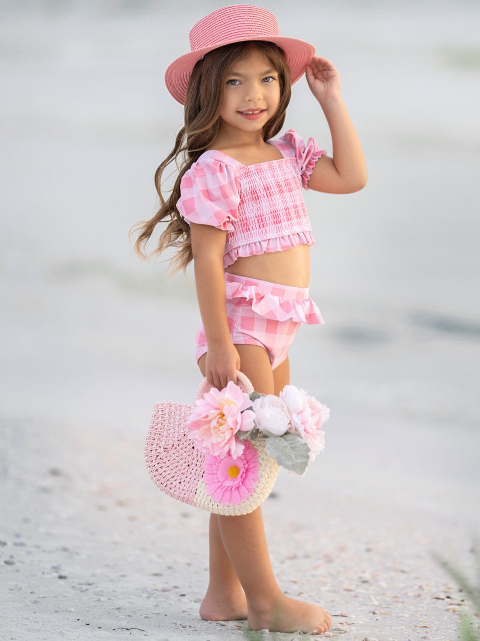 Perfect Pink Gingham Puff Sleeve Two Piece Swimsuit