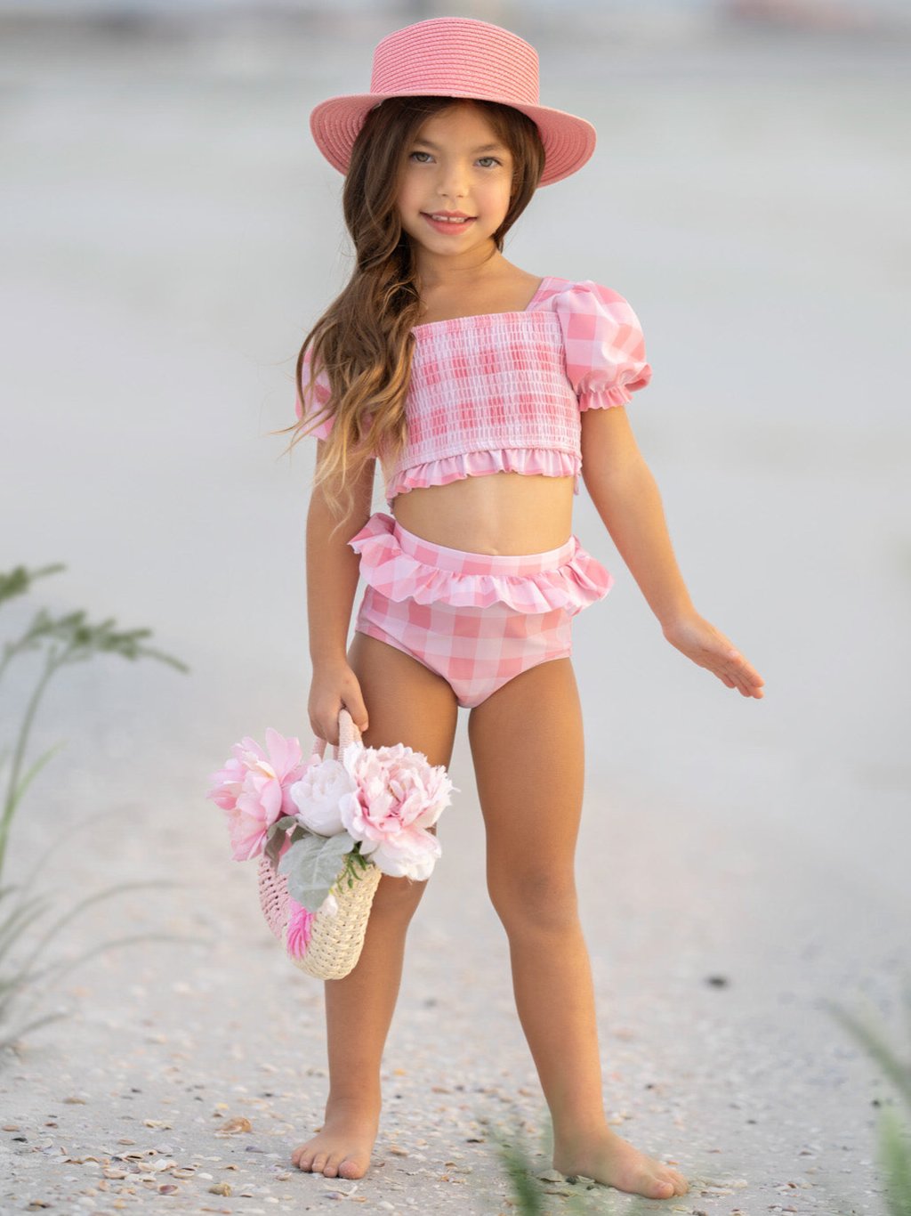Perfect Pink Gingham Puff Sleeve Two Piece Swimsuit