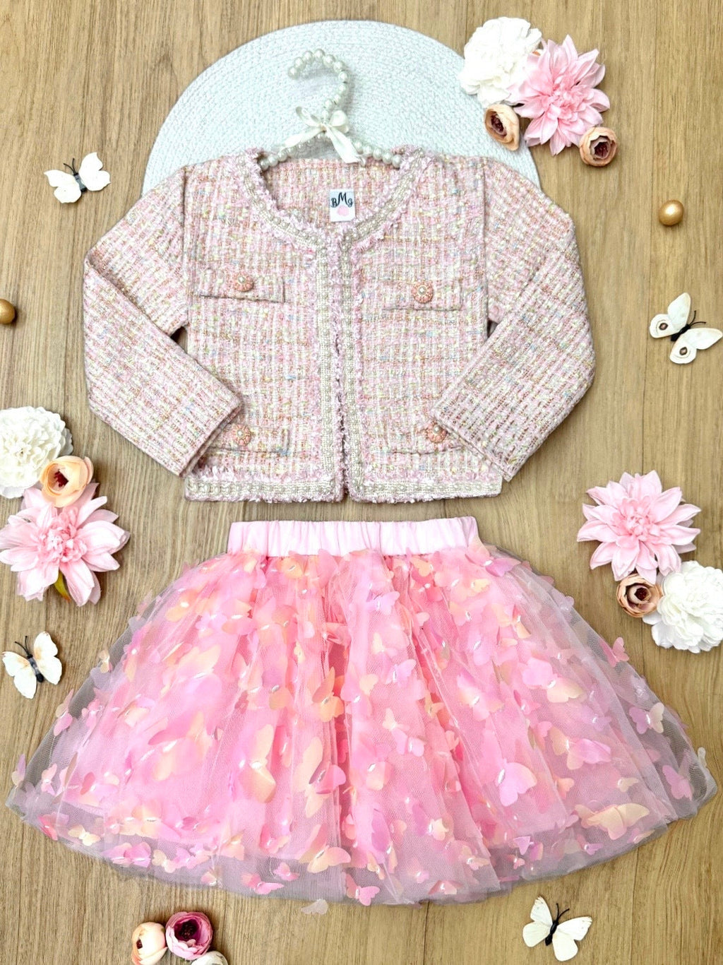 Pink Sparkle Tweed Jacket & Butterfly Tutu Skirt Set