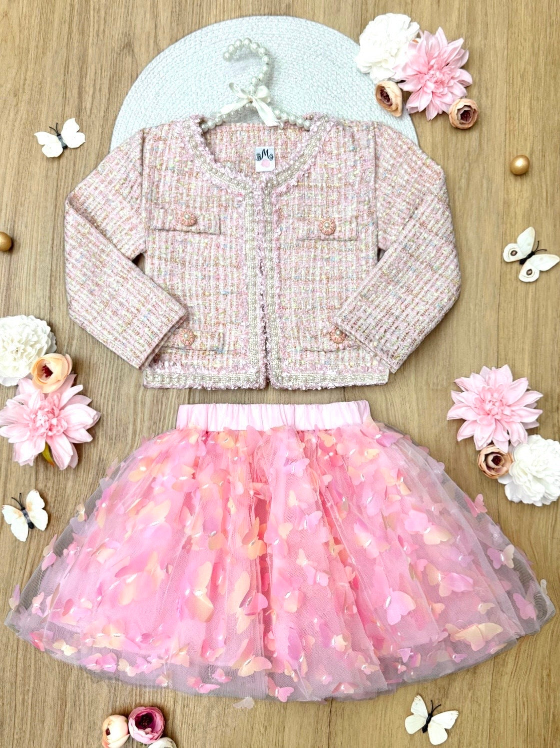Pink Sparkle Tweed Jacket & Butterfly Tutu Skirt Set