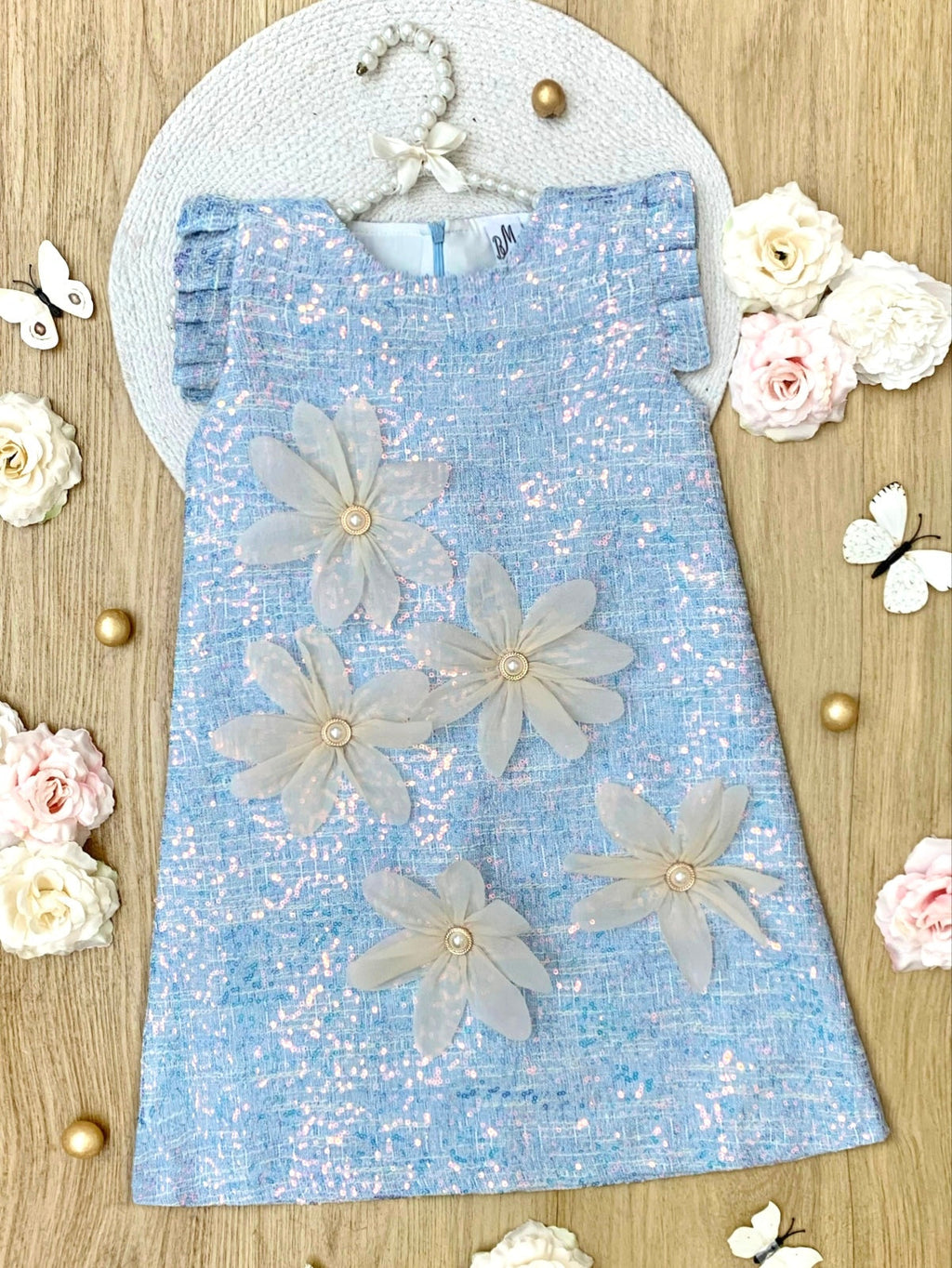 Blue Sequin Daisy Pearl-Accent Shift Dress