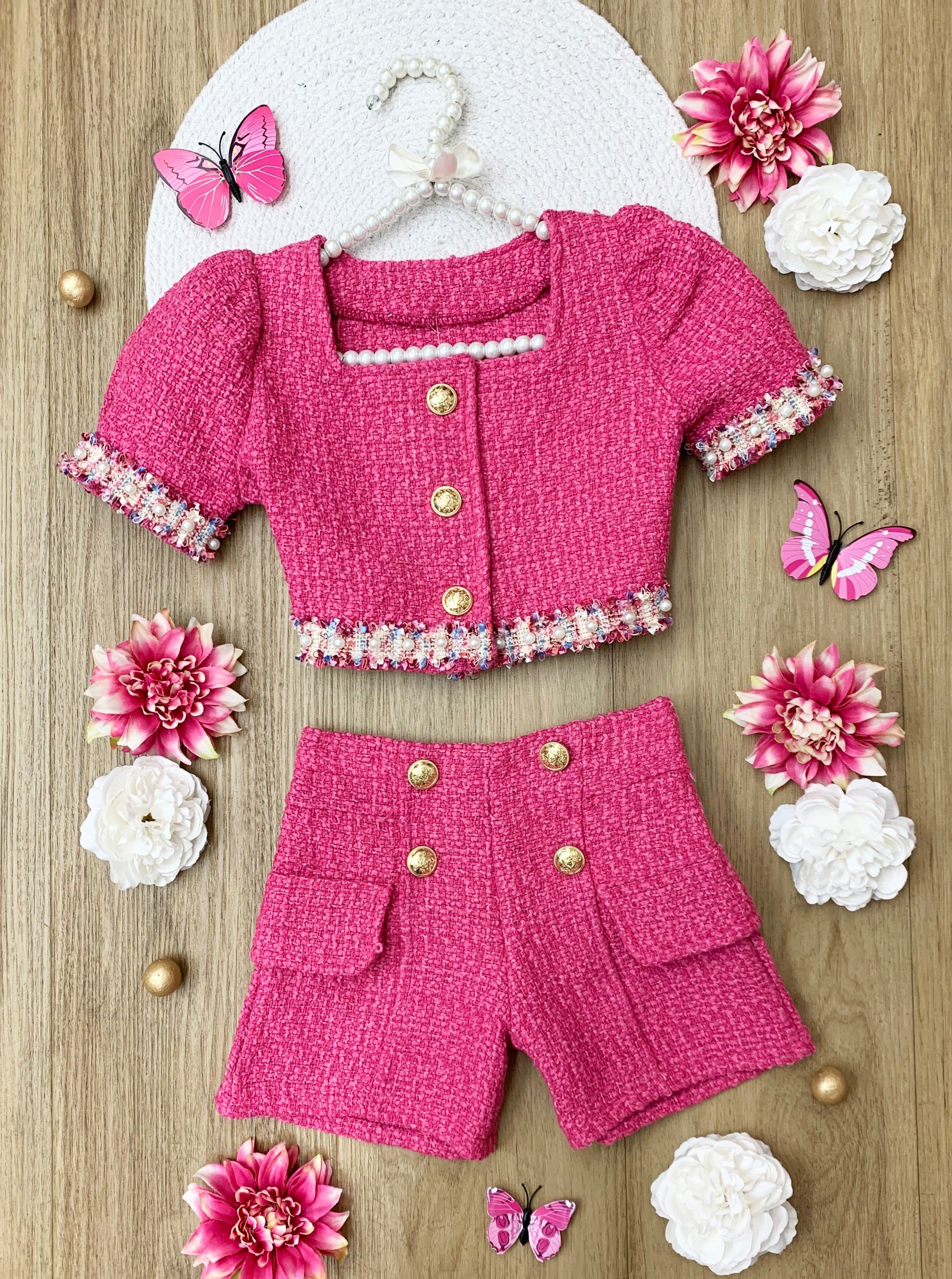 Pint-Sized CEO Puff Sleeve Tweed Top and Short Set