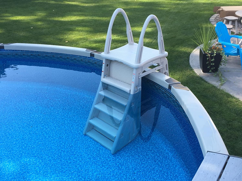 Confer Plastics 7200 Roll Guard 48" to 56" Adjustable A Frame Safety Ladder for Above Ground Outdoor Patio Swimming Pool Platform Ladder with Step Barrier, Warm Grey…